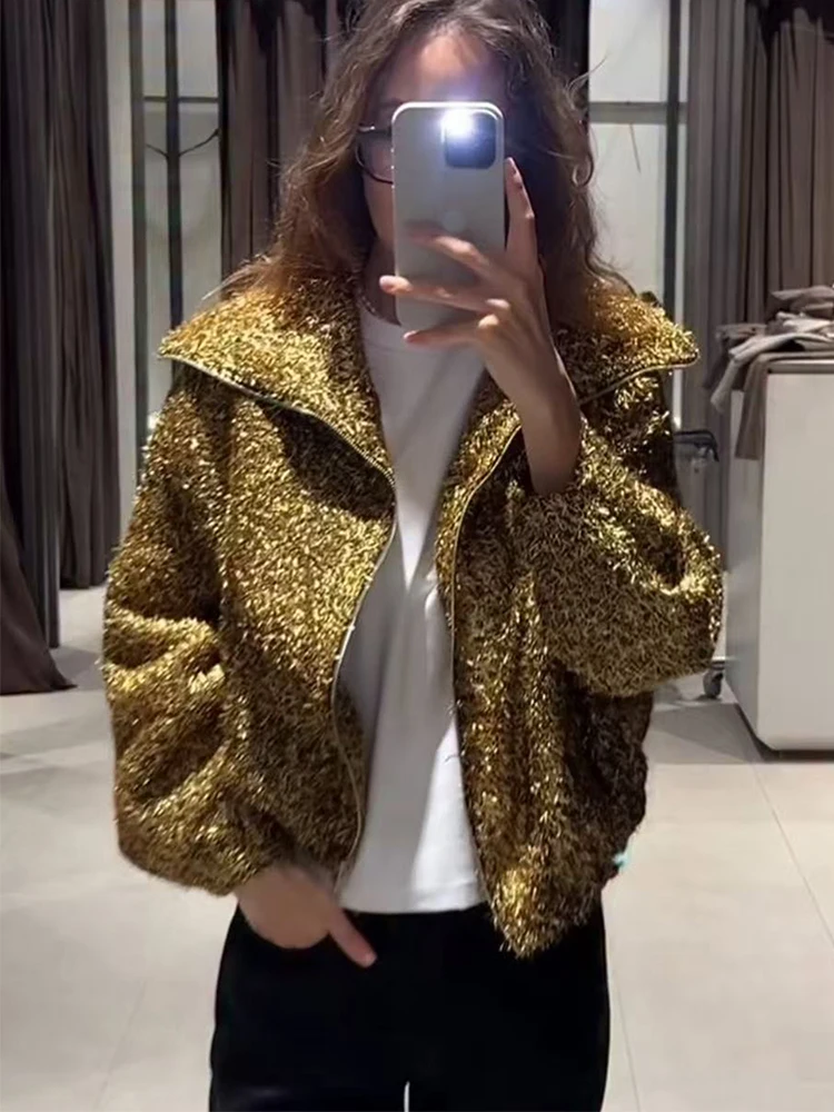 

Women's Sequined Jacket Autumn Winter Long Sleeve Pocket Sequins Jacket Coat Female Chic Outerwear
