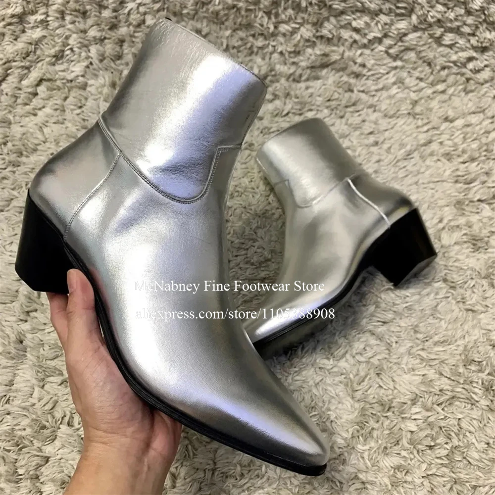 

Серебристые кожаные ботинки челси с боковой молнией, на массивном каблуке, модные мужские ботинки для вечеринок, клубов, уличной моды, большие размеры, каблук 6 см
