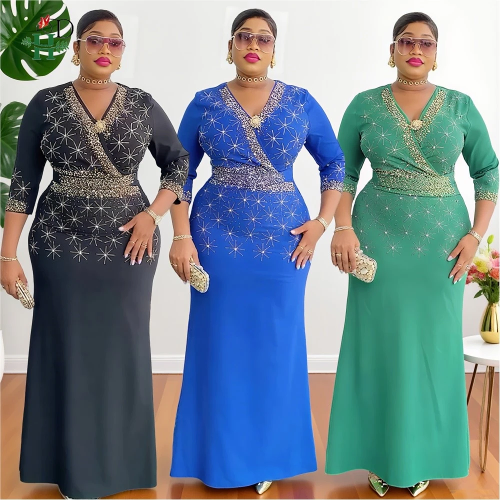 

African Clothing For Women 2025 New Fashion Elegant Robe Abaya Dashiki Diamond African Office Wear Plus Size Maxi Daily Dress