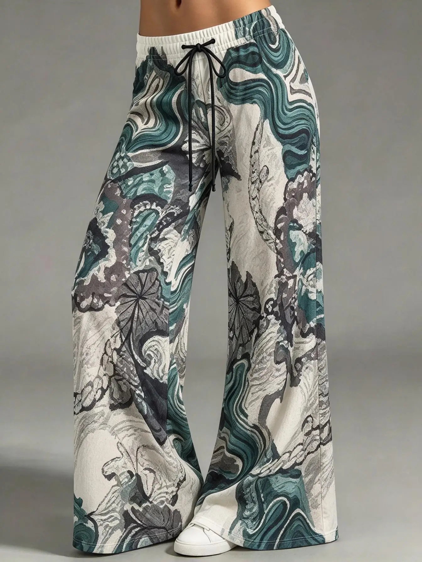 Ladies Low Rise Wide Leg Sweatpants Oriental Ink Wave Lotus Crane Graphic Loose Bohemian Streetwear Pants
