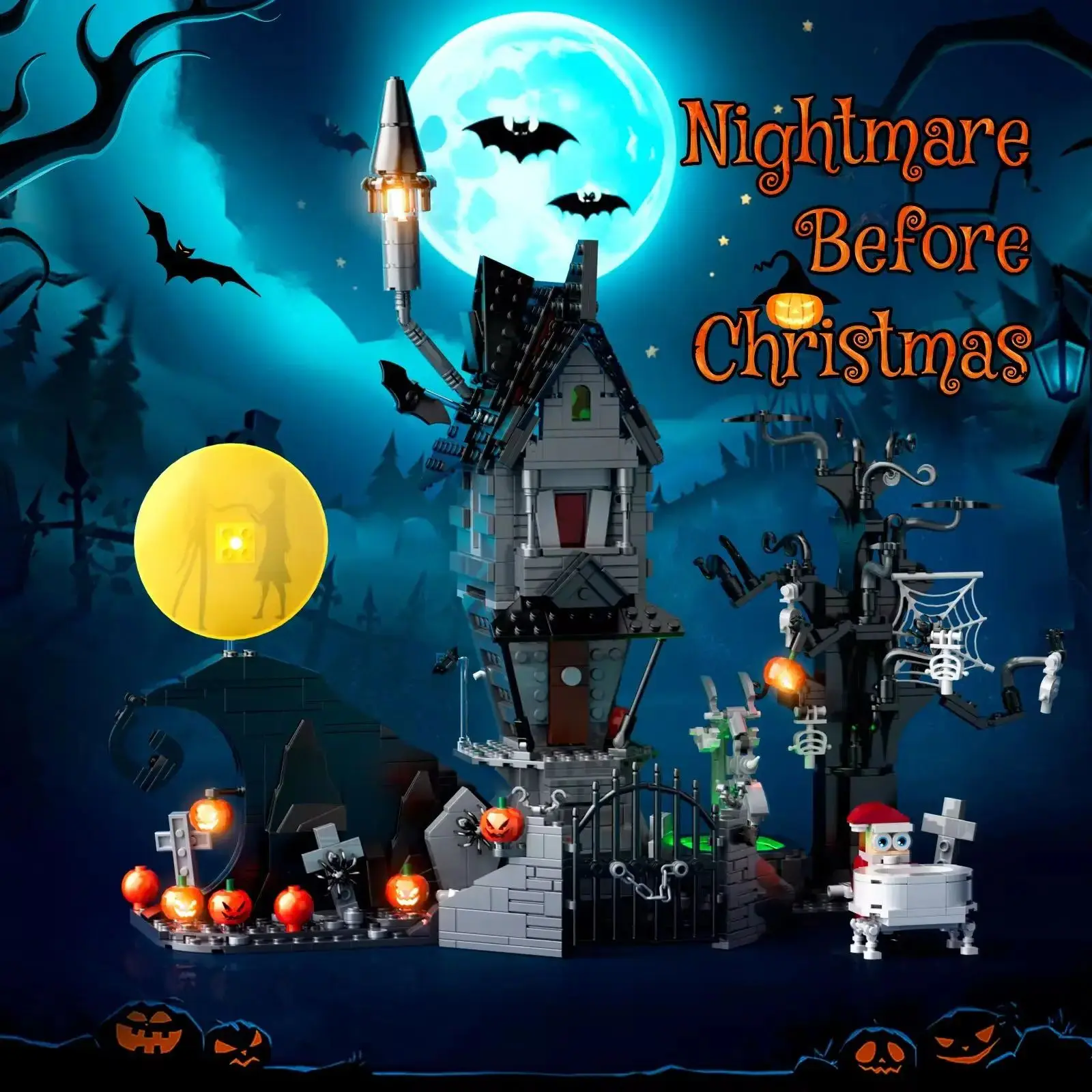 957 Stück Albtraum vor Weihnachten Haus Modell Kit Bausteine Kürbis Geist Skelett Hütte Ziegel Spielzeug Kinder Halloween Geschenke