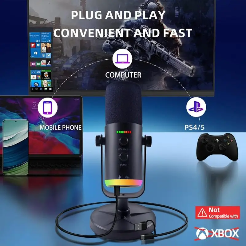USB/XLR Dual-Mode Dynamic Gaming Microphone, compatible with PS5, PC, Mac, and mobile devices; 48kHz high-fidelity sound quality
