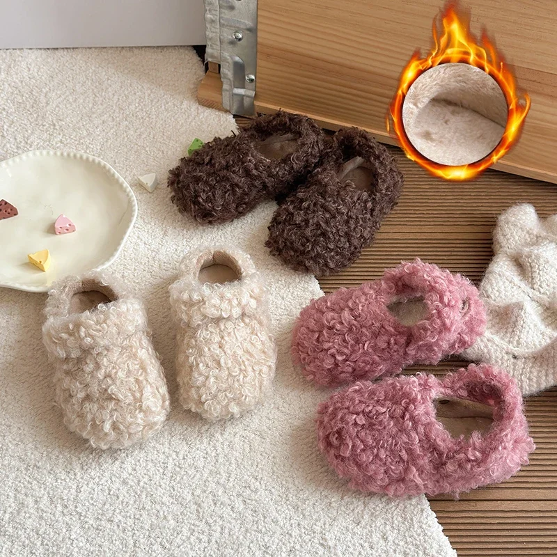 Winter Children Flat Shoes Leisure Fluffy Cover Toe Slip-on Kids Loafers Unisex Light Flexible Warm Chic Boys Girls Shoe 21-35
