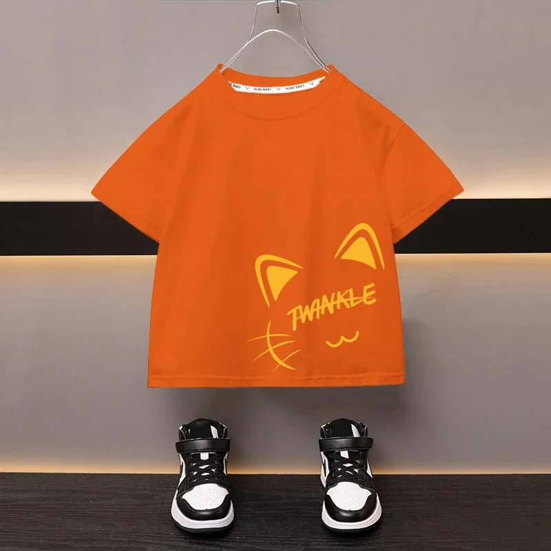 100% Cotton Children\'s T-shirt Boys Round Neck Black Tees Japan Cartoon Cute Cat Girl\'s Top High Quality Printed Clothing 2024