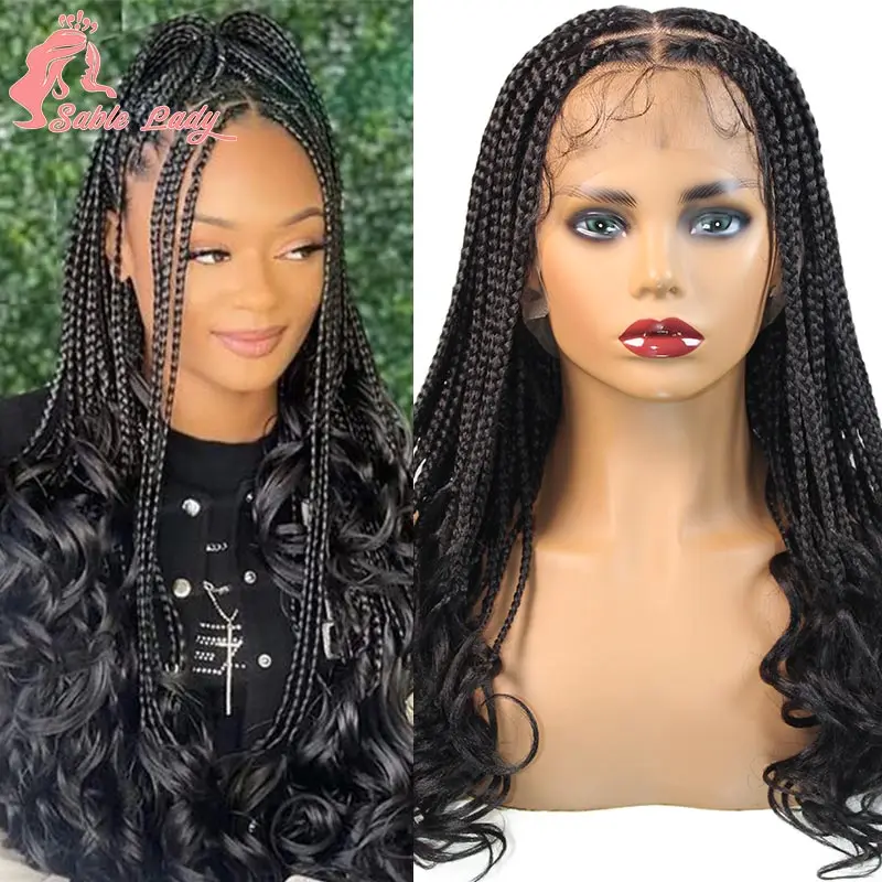 18 Inch Synthetic Boho Braided Wigs Knotless Braided Lace Wigs with Curly Ends Lace Front Braiding Hair Wig for Black Women