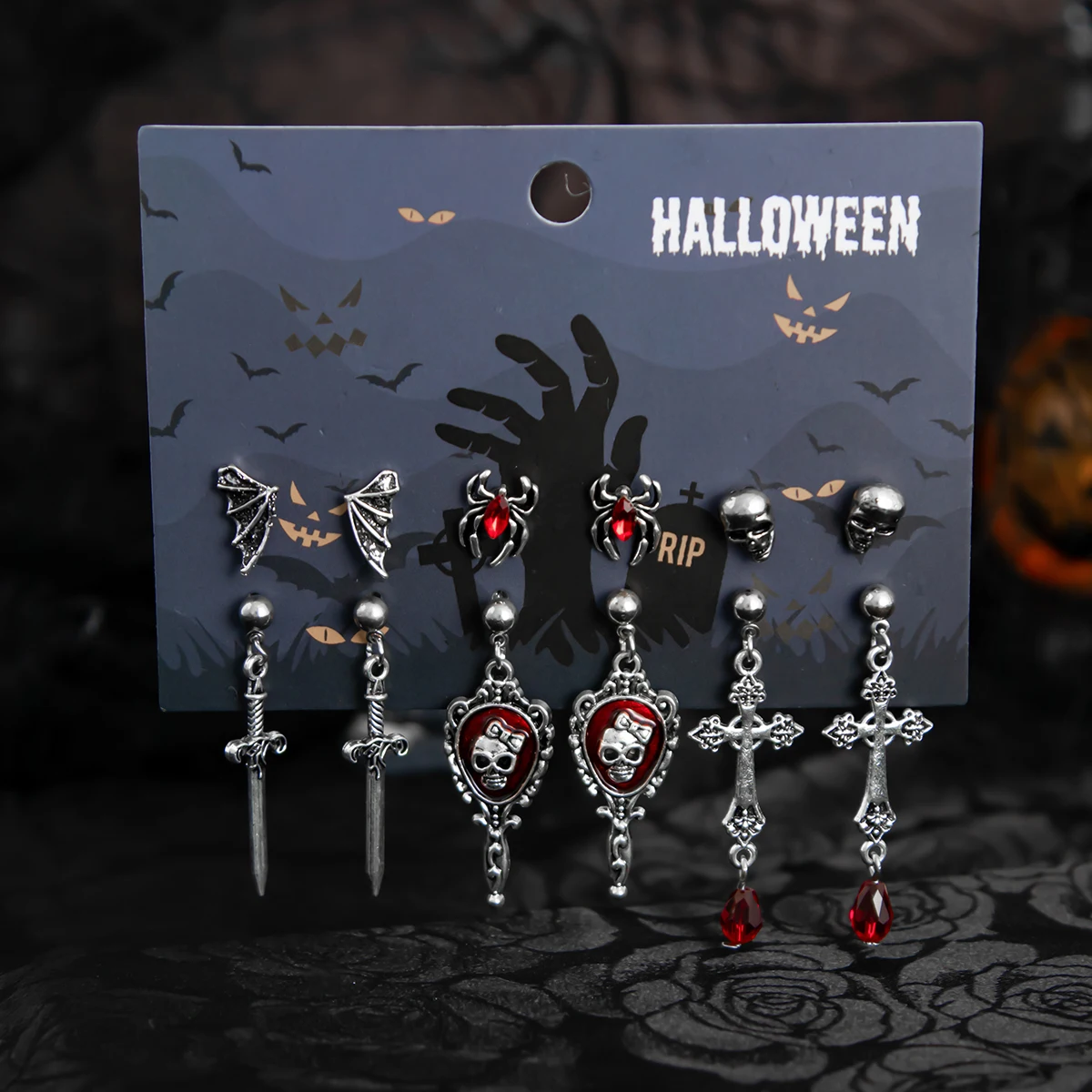SHIXIN 6 Pairs Gothic Skull Jesus Cross Pendant Earrings for Women Retro Horror Bat Spider Earrings Set Halloween Jewelry Gifts