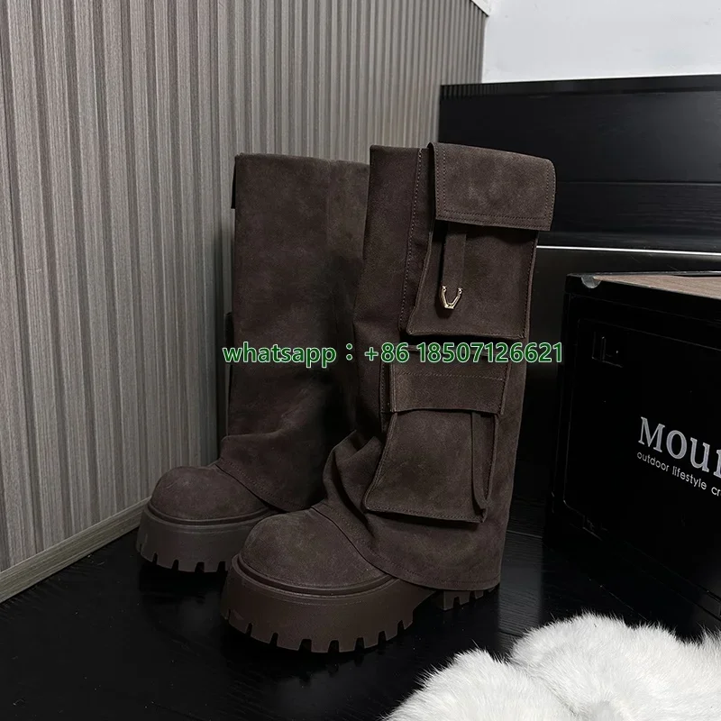 Leather Trouser Boots For Women New Height-Enhancing Thick-Soled High-Top Knight Boots Pocket Long Boots Women's Boots