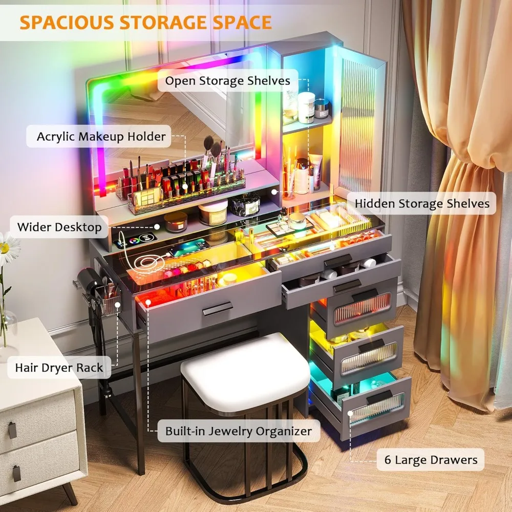 Dressing table with automatic sensor RGB light and wireless/USB/C-type charging glass top dressing table,with chairs and6drawers