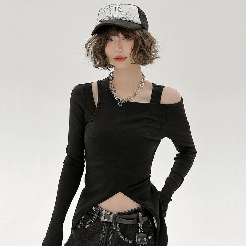 Autumn Winter Pure Sensual Style Short Long-sleeved T-shirt Women Featuring  Slimming Form-fitting Design Unique Two-piece Top