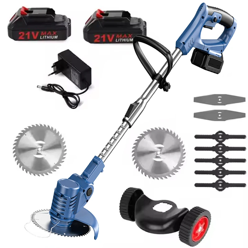 

Cordless Grass Trimmer Two Batteries Sets Wheels Electric Lawn Mower 21V Telescopic Handle Multi Function Power Lithium Trimmer