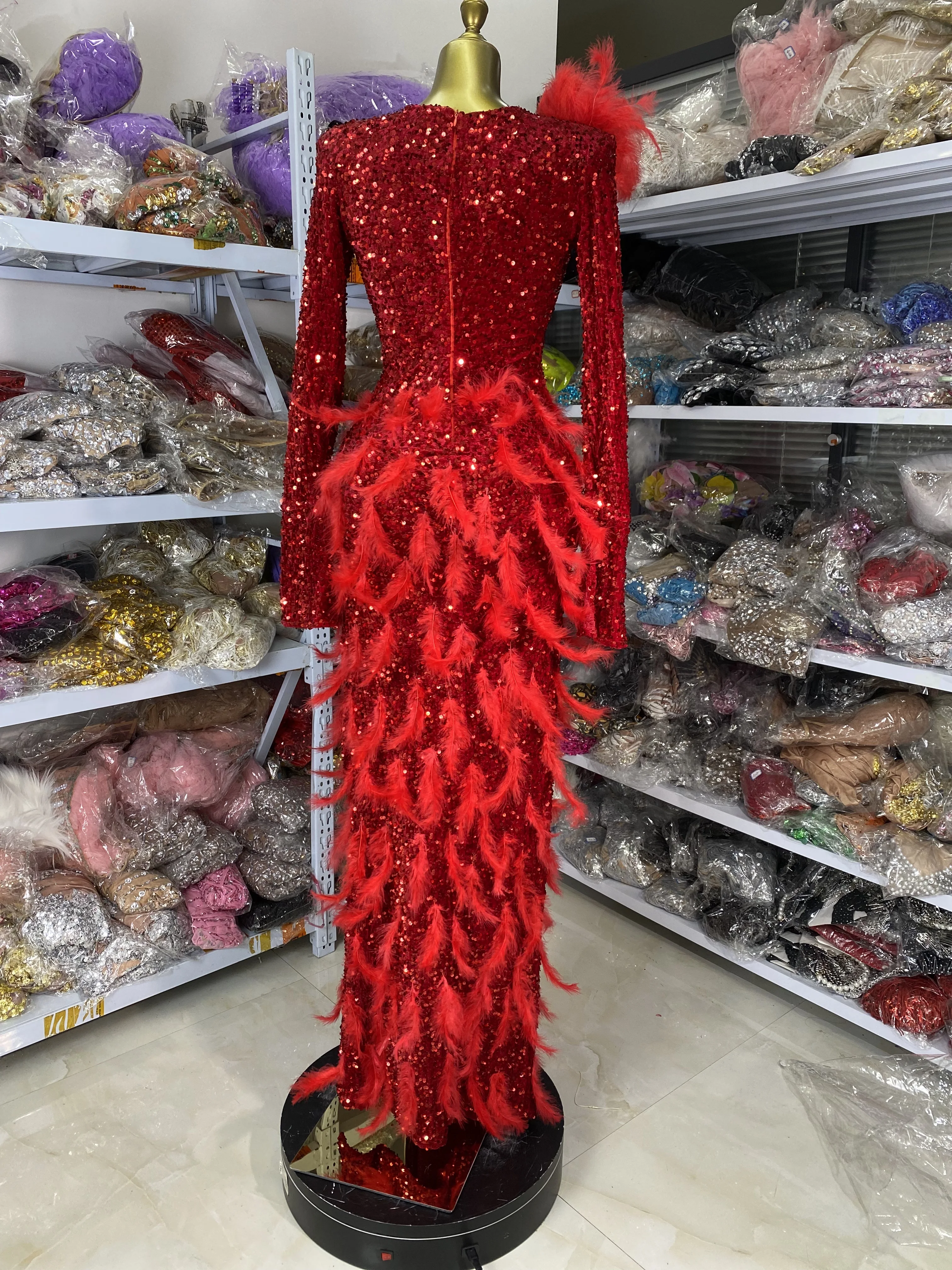 Women Luxury Designer Red Sparkly Sequines Feathers Applique Dimonds Open  Leg Long Dress Birthday Celebrity Evneing Party Gowns - AliExpress 200000345
