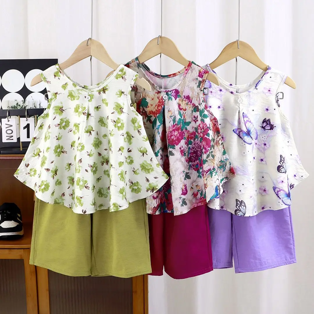 Girls' Summer Thin Set 2026 New Wide Leg Pants Sleeveless Chinese Style Girls' Two Piece Set