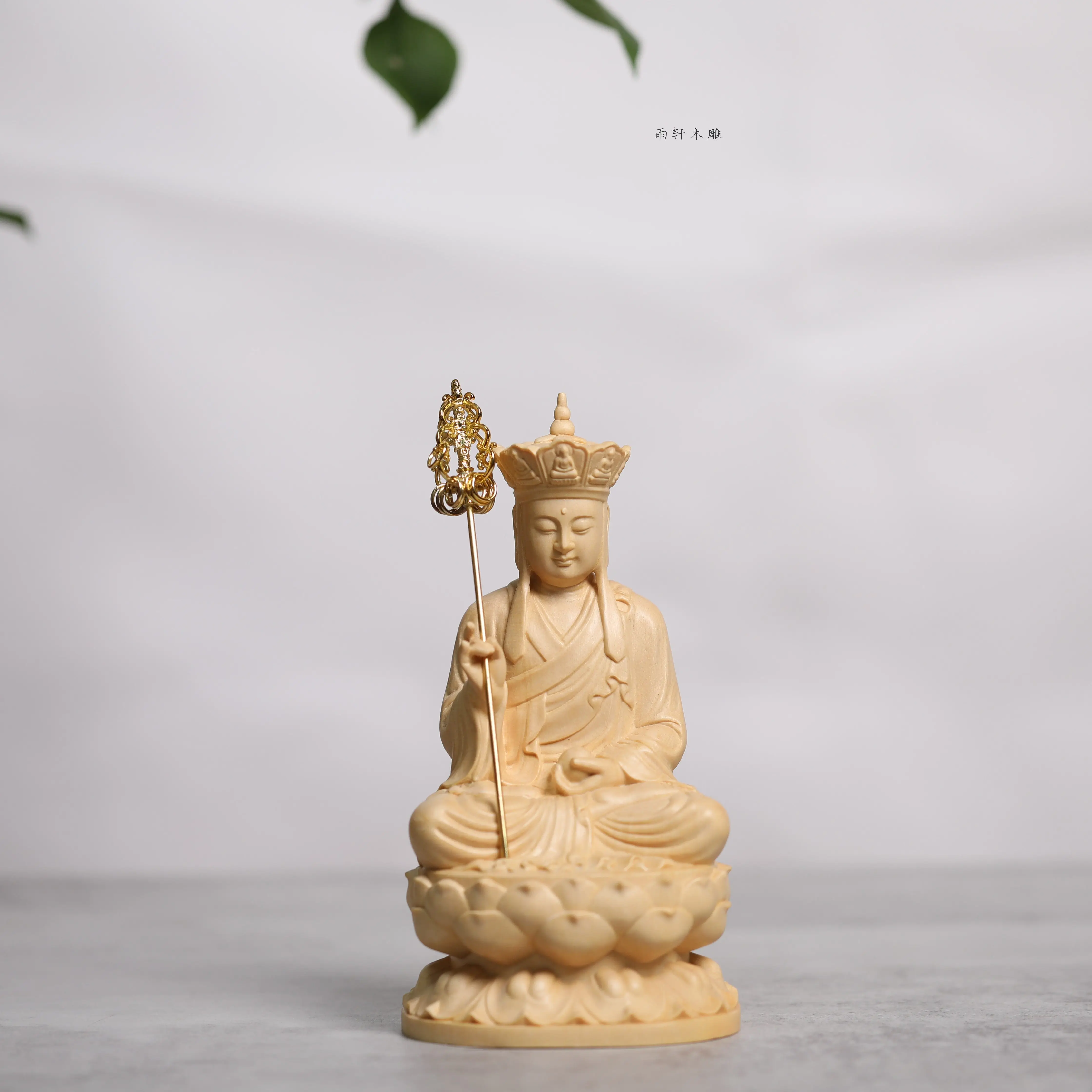 Cypress Ksitigarbha Small Figurine Carved Wooden Bodhisattva Religious Sculpture for Bookshelf Decor and Meaningful Gift Giving