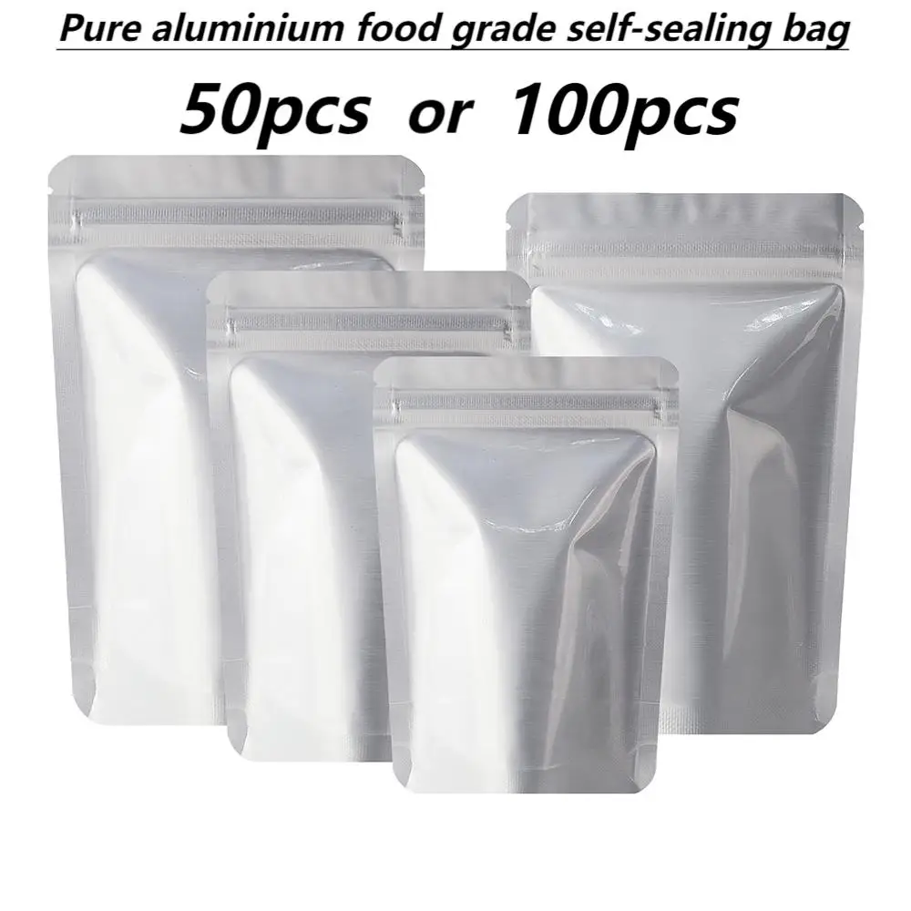 50pcs pure aluminium foil thickened self-standing anti-odour food storage zip bags rice tea coffee beans zip packaging bags