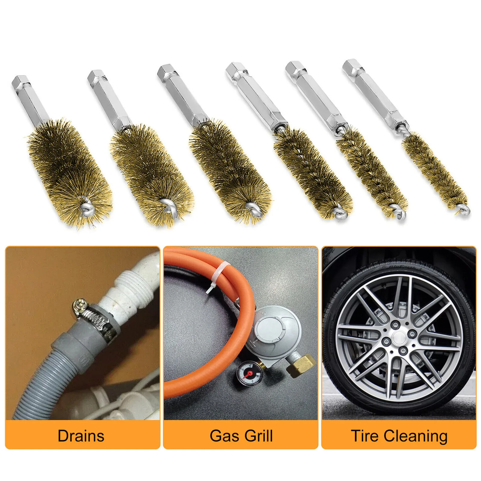 6Pc/Set Brass Bore Brush Kit Twisted Wire Stainless Steel Cleaning Brush 1/4 inch Hex Shank 8-19mm For Power Drill Impact Driver