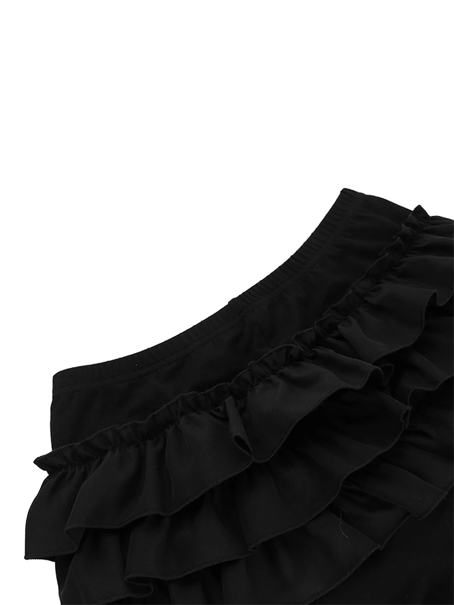 Women Bloomer Shorts Layered Ruffles Tierred Summer Elastic Waist Shorts Kawaii Lolita Solid Color Short Pants Streetwear Y2K