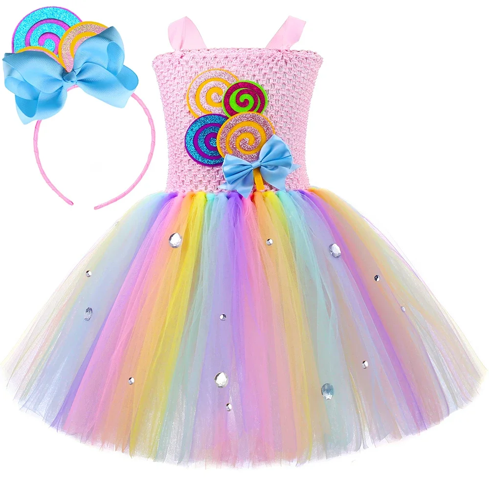 Rainbow Candy Tutu Dress for Girls Candyland Lollipop Costume Kids Carnival Festival Birthday Party Princess Dress Ball Gown