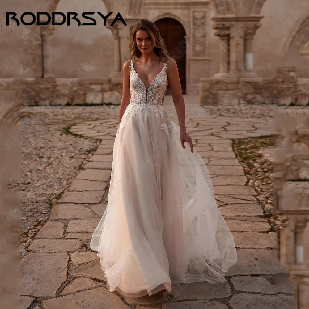 

RODDRSYA Tulle Wedding Dress Sleeveless V Neck A-line Lace Appliques Bride Gowns Customized Boho Bride Dress vestidos de novia