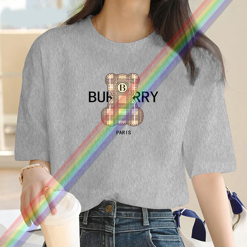 T-shirt manches courtes femme, estival et décontracté, en coton, avec dessin d\'ours imprimé, Harajuku, 2024