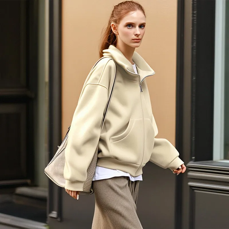 Loose Fit Hooded Hoodies Mid Length Commuter Chic with Zipper Closure Mid Long Length Commuter Style Thick Women Sweatshirt