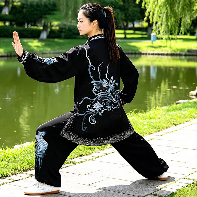 Women's Black Heavy Embroidery Rhinestone Tai Chi Performance Suit - High-End Double Silk Hemp Spring Summer Competition Uniform