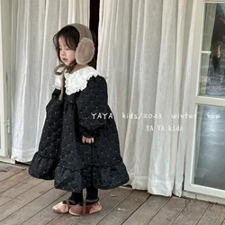 Girls Dress 2023 Winter New Dress Children Korean Version Large Lapels Plus Fleece Thick Temperament Black Jacquard Dress