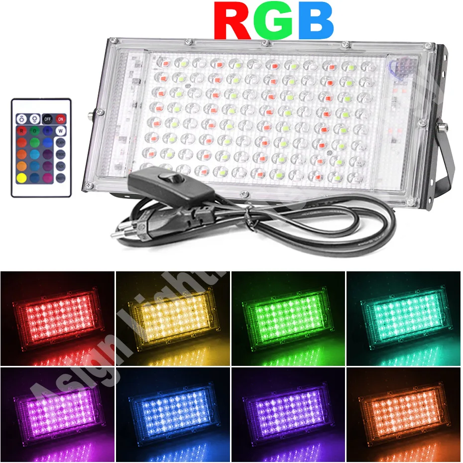 

Наружный прожектор 220 В RGB прожектор IP65 Водонепроницаемый 50 Вт 100 Вт 300 Вт Настенные уличные светодиодные прожекторы с переключателем, вилка европейского стандарта