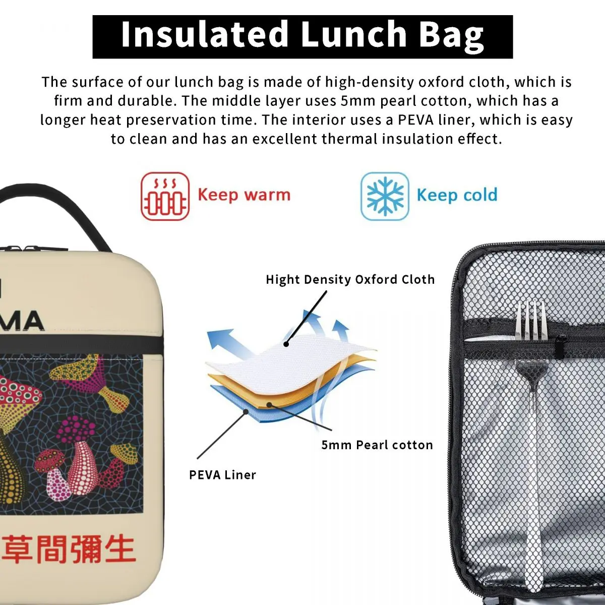 Isolierte Lunch-Tasche Yayoi Kusama Pilze Tokio Produkt Lagerung Lebensmittel box kausalen Kühler thermische Bento-Box für den Außenbereich