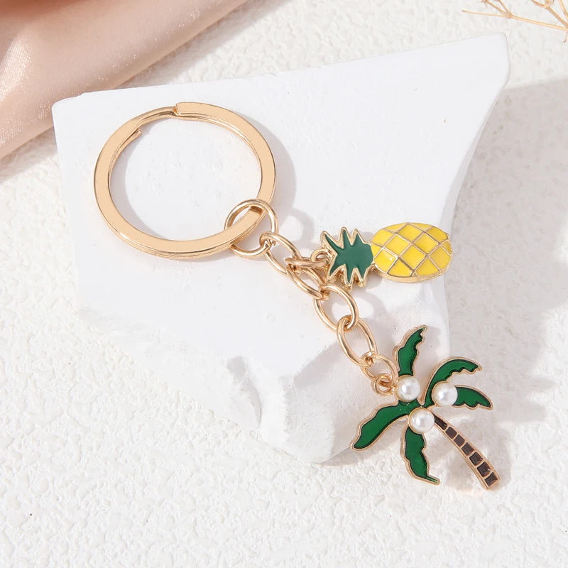 Llaveros de piña y árbol de coco para mujer y hombre, bonitos dibujos animados, planta Tropical, frutas, encantador, regalo de amistad, joyería de verano