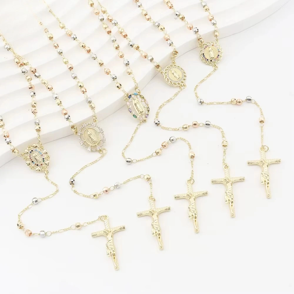 

Luck Fashion Hot Sale Gold Plated Three Color 6mm Virgin Mary Rosary Necklace Religious Women Pendant Necklace Party Gift