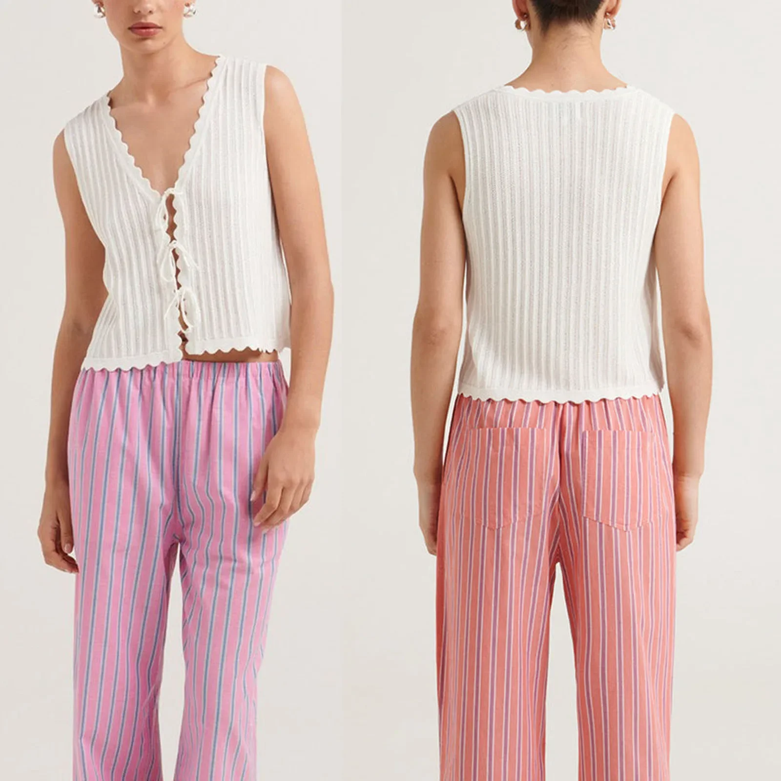 ملابس علوية غير منتظمة منسوجة للتنظيف للنساء ، ربطة عنق صيفية بدون أكمام برقبة على شكل حرف V ، صدرية أزياء غير رسمية جمالية