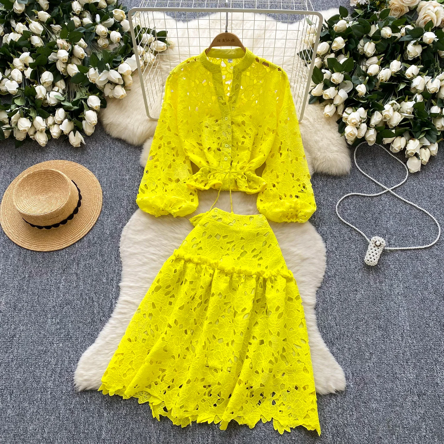 Women Summer sweet hollow out lace Fashion Set Top hotsweet Casual