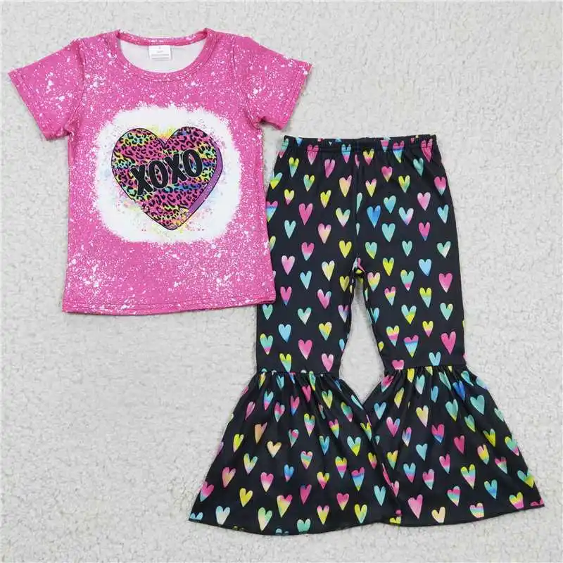 Kids Valentine\'s Day Clothes Short Sleeve Top With Bell Bottom Pants Set Heart Print Baby Girls Boutique Outfits