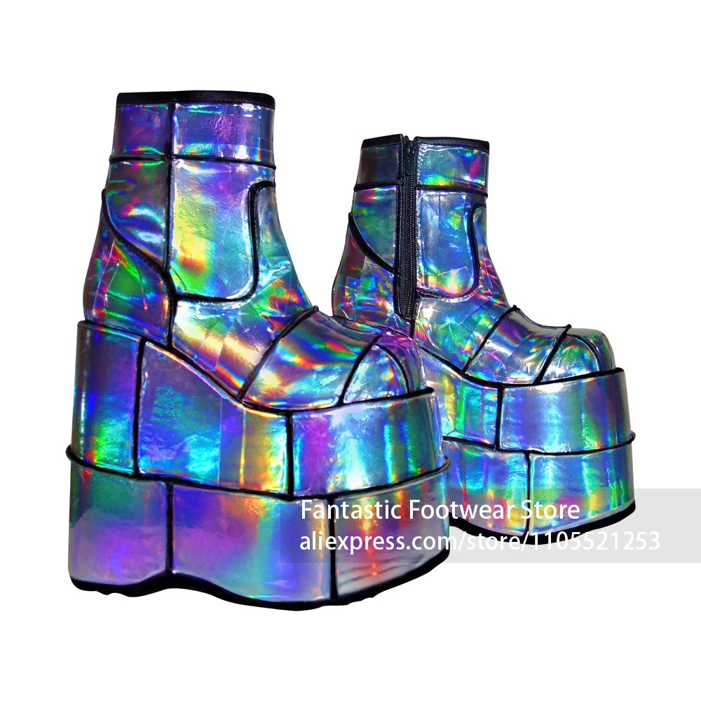 Iridescent Rainbow Holographic Platform Booties Triple Layer Wedge Heel Ankle Boots Side Zipper Gothic Punk Style Women Footwear
