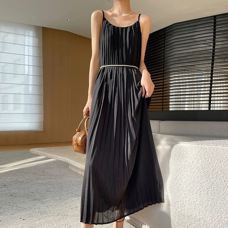 Verão novo dobrado strapl cetim sentir longo dr feminino camada de base emagrecimento na altura do joelho a linha vestido commute cintura alta