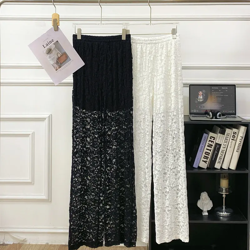 Summer Hollow Out Lace Pants For Women French Casual Fashion Elegant Solid Color High Waist Straight Leg Transparent Trousers