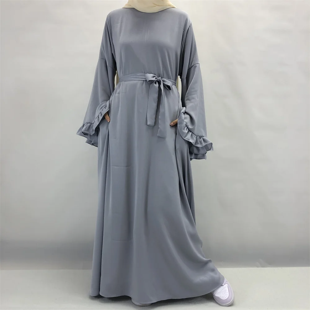 Дубай Flowy Abaya большой рукав с оборками Исламская одежда мусульманское женское на молнии Макси платье с расклешенными манжетами скромная блестящая мягкая бархатная атласная ткань