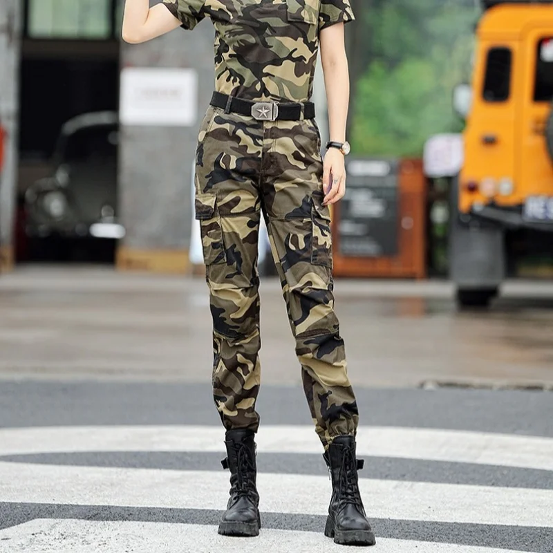 Calça carga de algodão feminina, cintura alta, elástica, reta, Fãs do exército, caminhada, amarrada no tornozelo, casual, militar, calça tática, novo