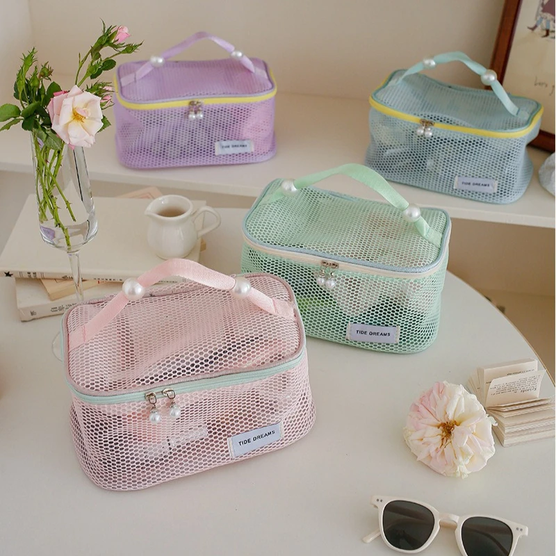 Dopamine Mesh Cosmetic Bag Large Capacity Zipper Storage Pouch Portable Travel Toiletry Organizer for Makeup Daily Trip Use