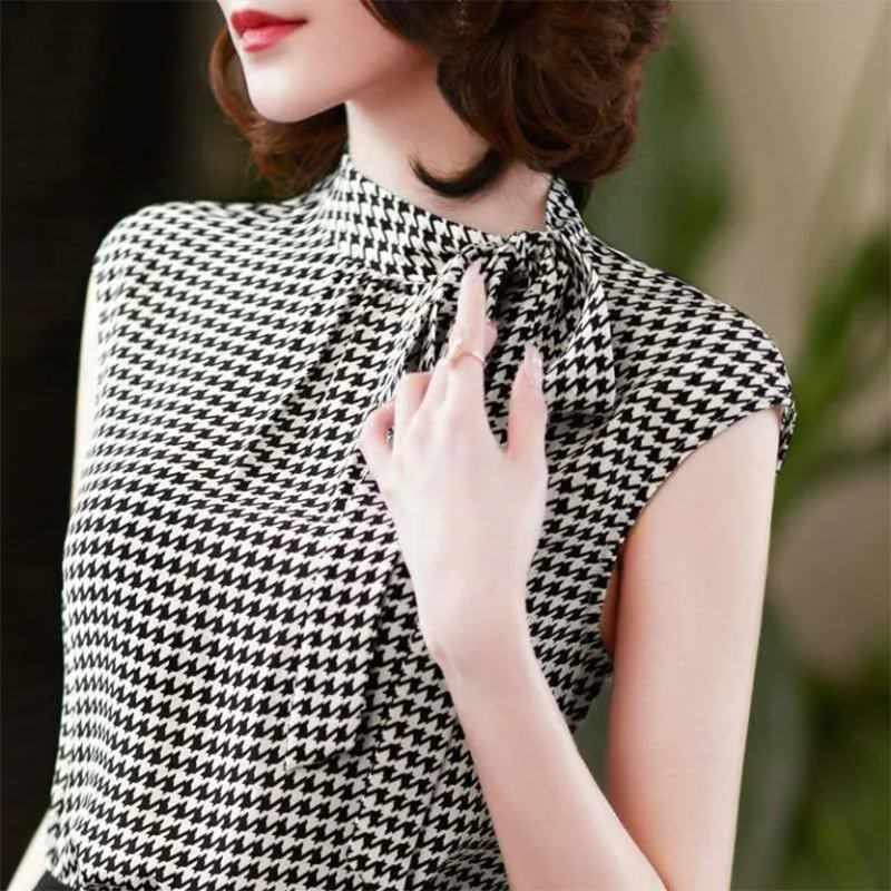 Summer Korean Bow Lacing Chiffon Shirt Elegant Stand Collar Houndstooth Office Lady Blouses Vintage Casual Sleeveless Top Women