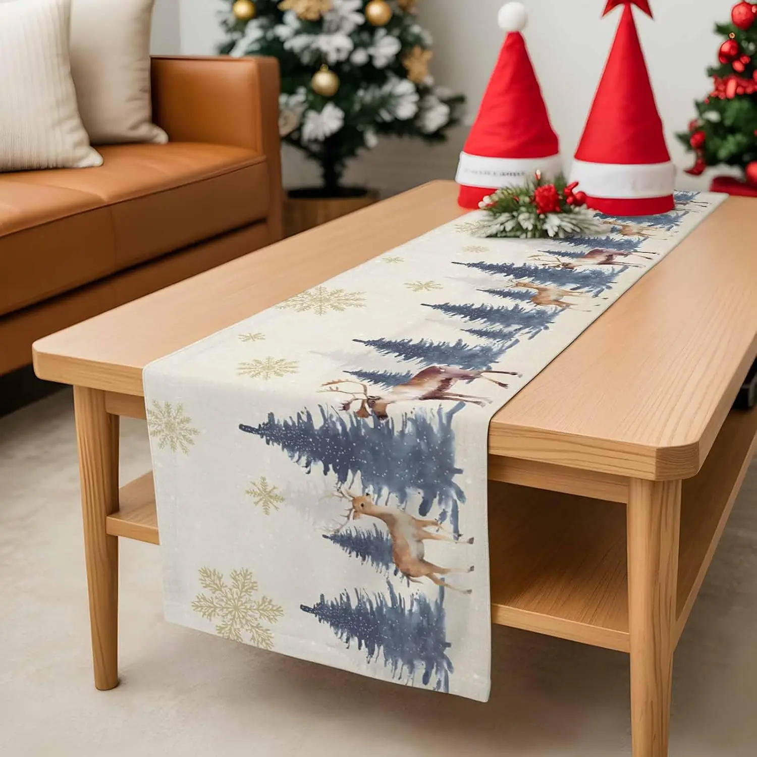 Christmas Tree Reindeer Snowflake Linen Table Runner Home Party Decor Winter Kitchen Dining Table Runners Christmas Decorations