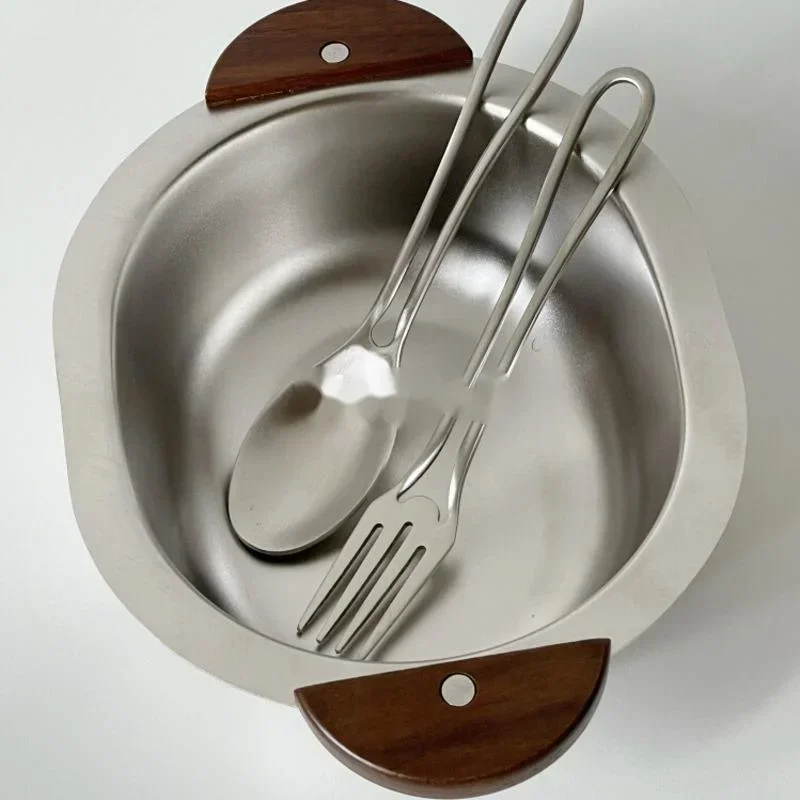 Solid Wood Handle Stainless Steel Ramen Bowl Household Anti-Hot Soup Bowl for Children's Rice Bowl Tableware