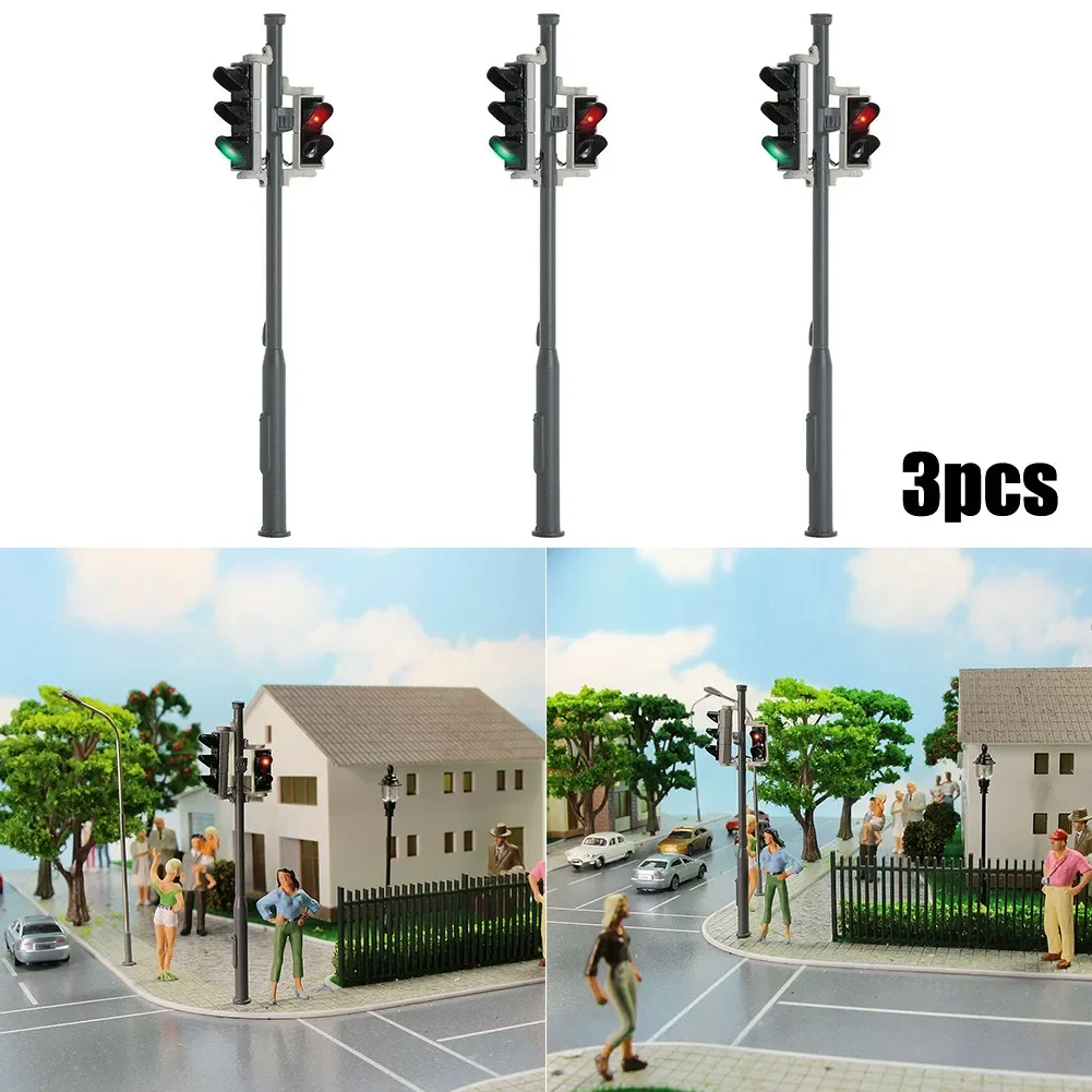 3pcs Track 0 Traffic Lights With Pedestrian Lights And LEDs Vehicle 1:43 Yard Garden Decor Mini Garden Landscape Decoration