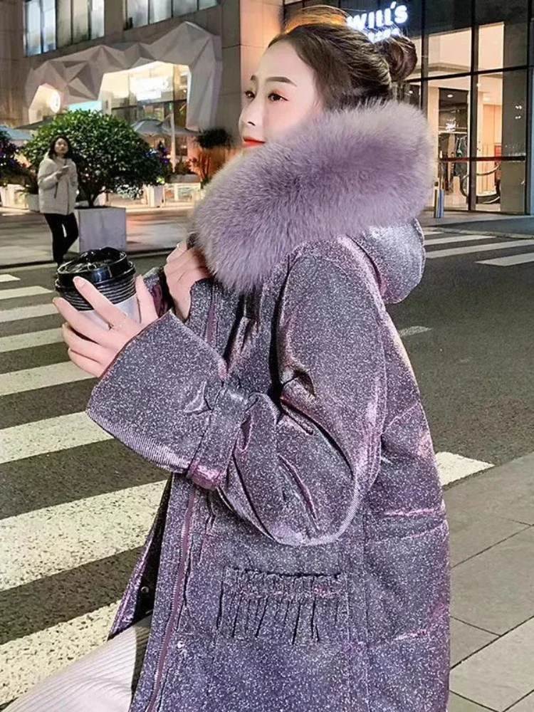 Purple Starry Light Down Cotton-Padded Jacket Winter New Hooded Large Fur Collar Stitching Loose Thickened Warm Long Coat Women