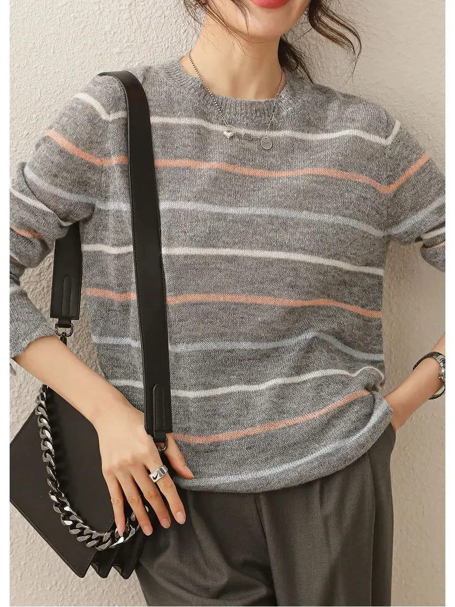 LOUIS YAO Women Sweater Colorful Striped Top Round O Neck Loose Fit Casual Long Sleeve Basic Women\'s Knitwear