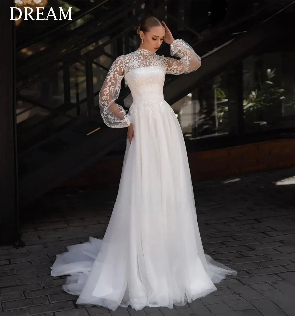 Vestidos De Novia largos brillantes personalizados para mujer, cuello alto, manga abombada, largo hasta el suelo, corte en A, Vestidos De Novia 2025