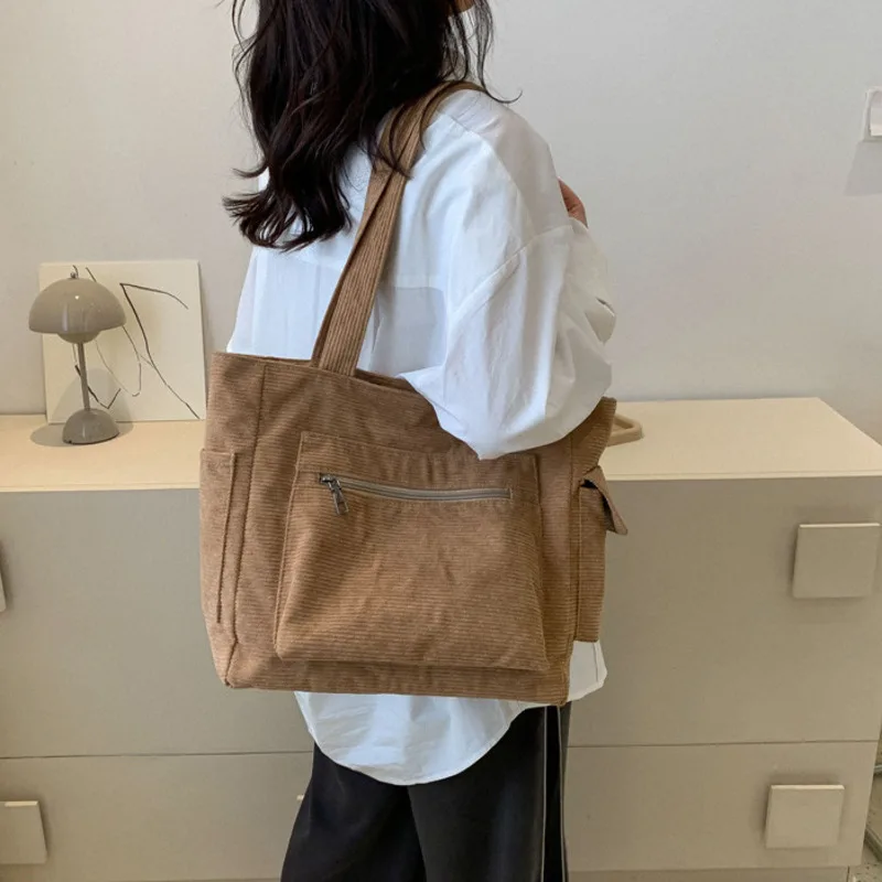 

New Fashion Corduroy Shoulder Bag Commuter Bag Student Classroom Large Capacity Handbag Female Texture Tote Bag