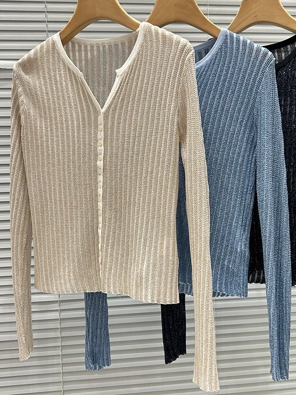 

Elegant V-Neck Knitted Open Cardigan Skirt Set Women's High-End Version Euro Italian Style Slim Fit Shiny Fashion Ensemble
