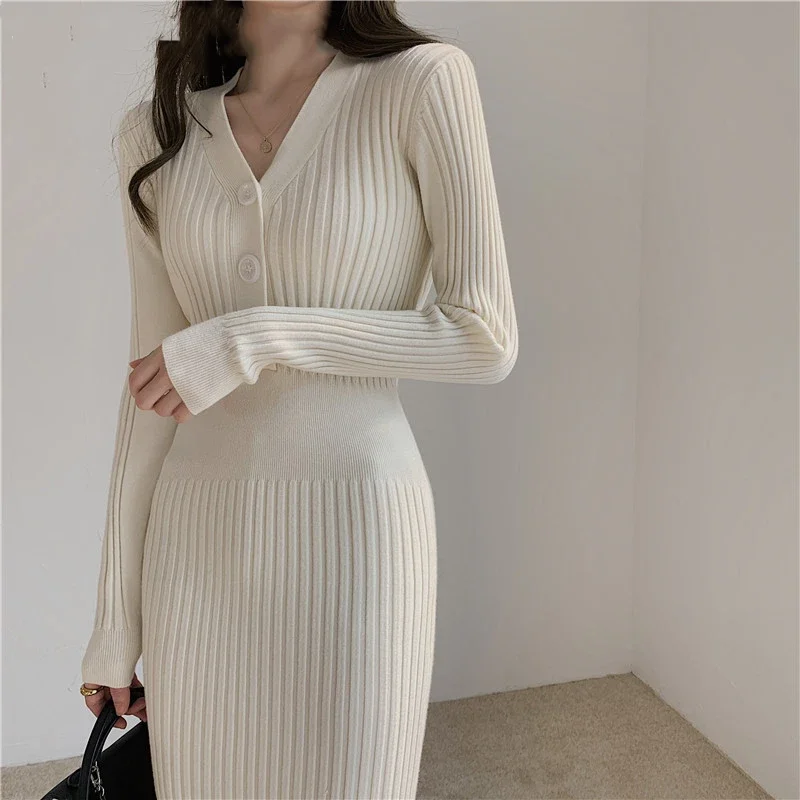 

Boreathiman Long Slim Sweater Dress with Coat Autumn/Winter Womens Length Over Knee Outer Knit Dress Waisted Hip Bottom Shirt