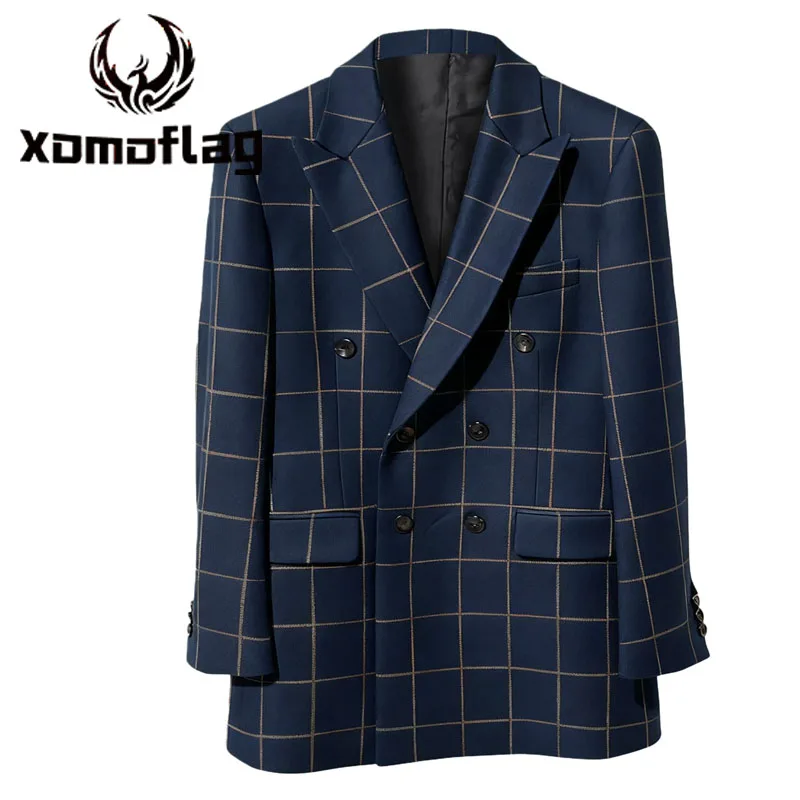 

Slim-fit Checkered Men's Suits Double-breasted Formal Blazer Pants Uniform Banquet Groom Office Evening Party Wear Jacket